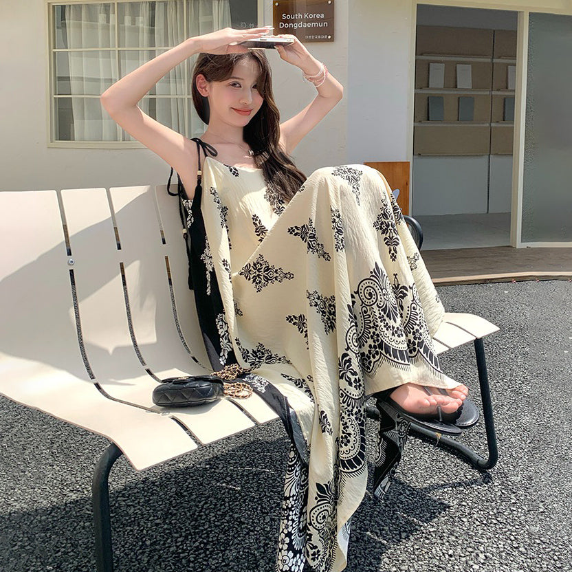 【ワンピース】フレンチリゾート風  夏新作 超映え民族風プリント  ノースリーブワンピース【SHシリーズ】