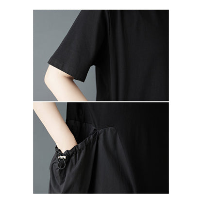 【ワンピース】夏新作 ゆったりカジュアル ドローストリング 中長丈 ニット 半袖ワンピース【AHシリーズ】