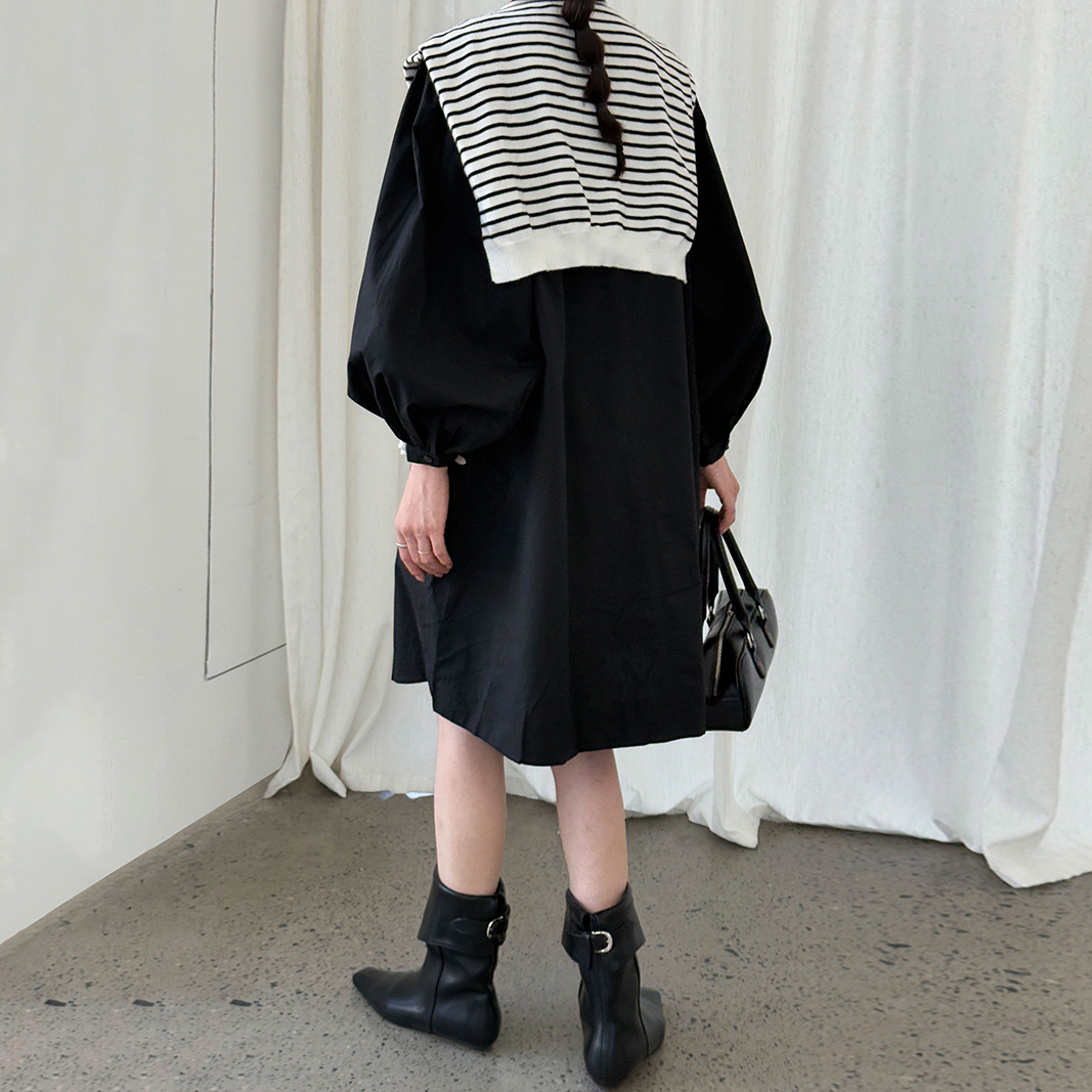 【ワンピース】韓国風 ゆったり感 リボン 長袖ワンピース レディース 初秋新作 バルーンスリーブ ミニ丈【JZシリーズ】