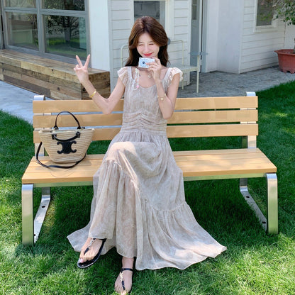 【ワンピース】フレンチ 小花柄 フリルスリーブ ワンピース レディース 夏新作 リゾート風 ロング丈 ノースリーブ【SHシリーズ】