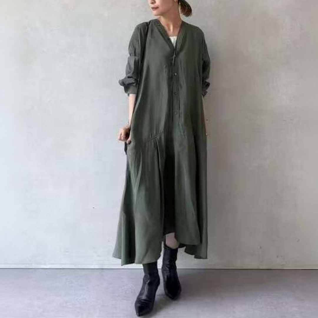 【ワンピース】ミモレ丈 アシンメトリー Vネック ゆったり ワンピース 【JZシリーズ】