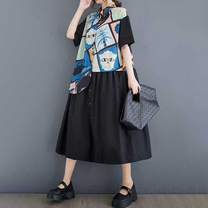 【ワンピース】プリント ワンピース 半袖 膝下 ゆったり ゆるシルエット 切替 痩せ見え 大きいサイズ レディース 夏 楽ちん 快適【SHシリーズ】