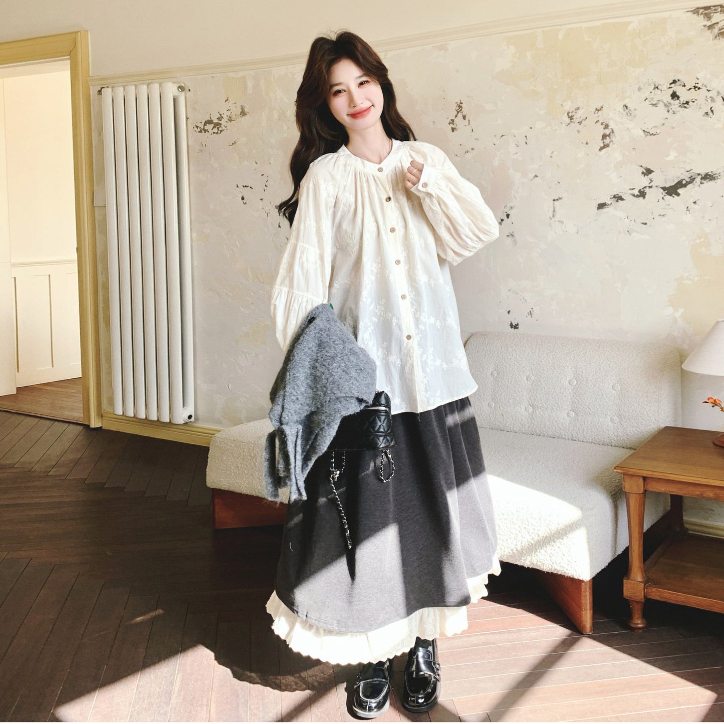 3点セット！【セットアップ】春新作 森ガール風 ニットベスト＋シャツ＋スカート 3点 上下セット 気質アップ＆若見えコーデ【JZシリーズ】