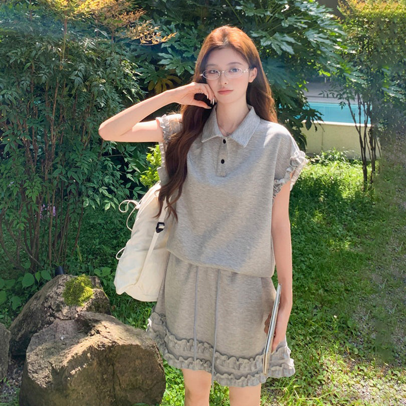 2点セット！【セットアップ】韓国風 ライトグレー上下セット レディース 夏 フリル半袖ブラウス スカート 大人可愛い【JZシリーズ】