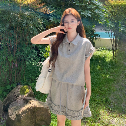 2点セット！【セットアップ】韓国風 ライトグレー上下セット レディース 夏 フリル半袖ブラウス スカート 大人可愛い【JZシリーズ】