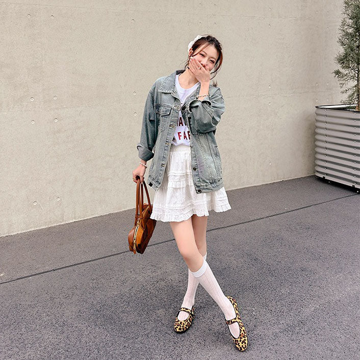 【シューズ】春夏新作 / ラウンドトゥ ワンストラップ ヒョウ柄 フラット マリージェン パンプス