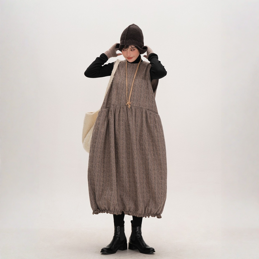 【ワンピース 】モランディカラー パンプキンシルエット ノースリーブ ウール調 ワンピース 【JZシリーズ】