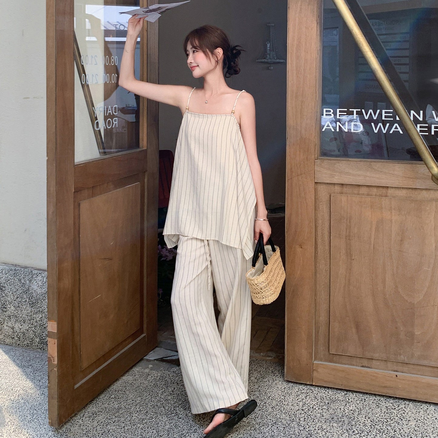 2点セット！【セットアップ】ベアトップ ストライプ ワイドパンツ 上下セット レディース 夏  ゆったり 人気 韓国コーデ【JZシリーズ】