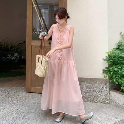 【ワンピース】夏 フレンチ風 温柔 フリルデザイン ノースリーブワンピース【JZシリーズ】