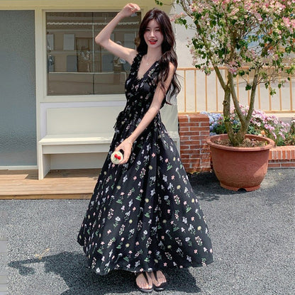 【ワンピース】花柄 キャミワンピース レディース 夏 ブラック Aライン ノースリーブ ロングワンピース 細見え 人気 リゾート風【SHシリーズ】