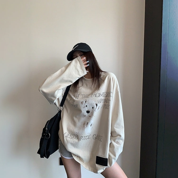【トップス】ヴィンテージ加工 カートゥーンプリント ゆったり 長袖Tシャツ 【FCシリーズ】