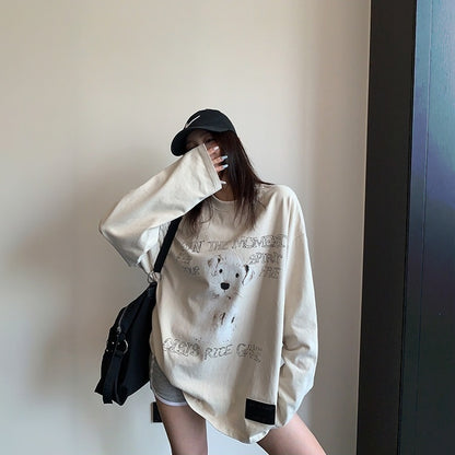 【トップス】ヴィンテージ加工 カートゥーンプリント ゆったり 長袖Tシャツ 【FCシリーズ】