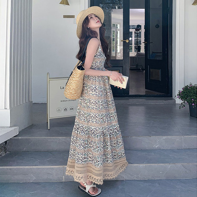 【ワンピース】バカンス映え ボヘミアン ノースリーブワンピース 花柄ロング丈 夏新作 リゾートスタイル【SHシリーズ】