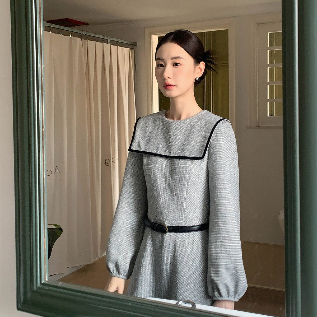 【ワンピース】春 秋 冬 マリン大きめ襟 甘く若見え ウエストシェイプ 長袖 ワンピース 【JZシリーズ】