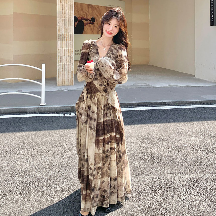 【ワンピース】メラード調 ハイセンス 花柄 長袖ワンピース レディース 春秋 フレンチエレガント 民族調プリント マキシ丈【SHシリーズ】