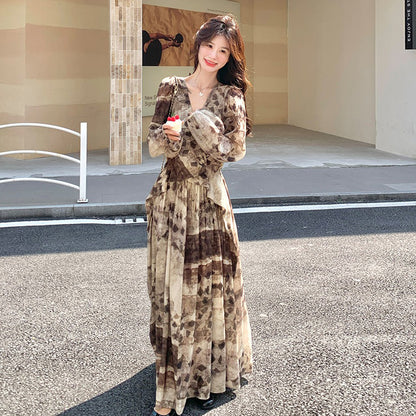 【ワンピース】メラード調 ハイセンス 花柄 長袖ワンピース レディース 春秋 フレンチエレガント 民族調プリント マキシ丈【SHシリーズ】