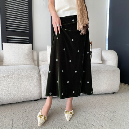 【ボトムス】フレンチ フラワー 刺繍 ベロア Aライン スカート 【JZシリーズ】