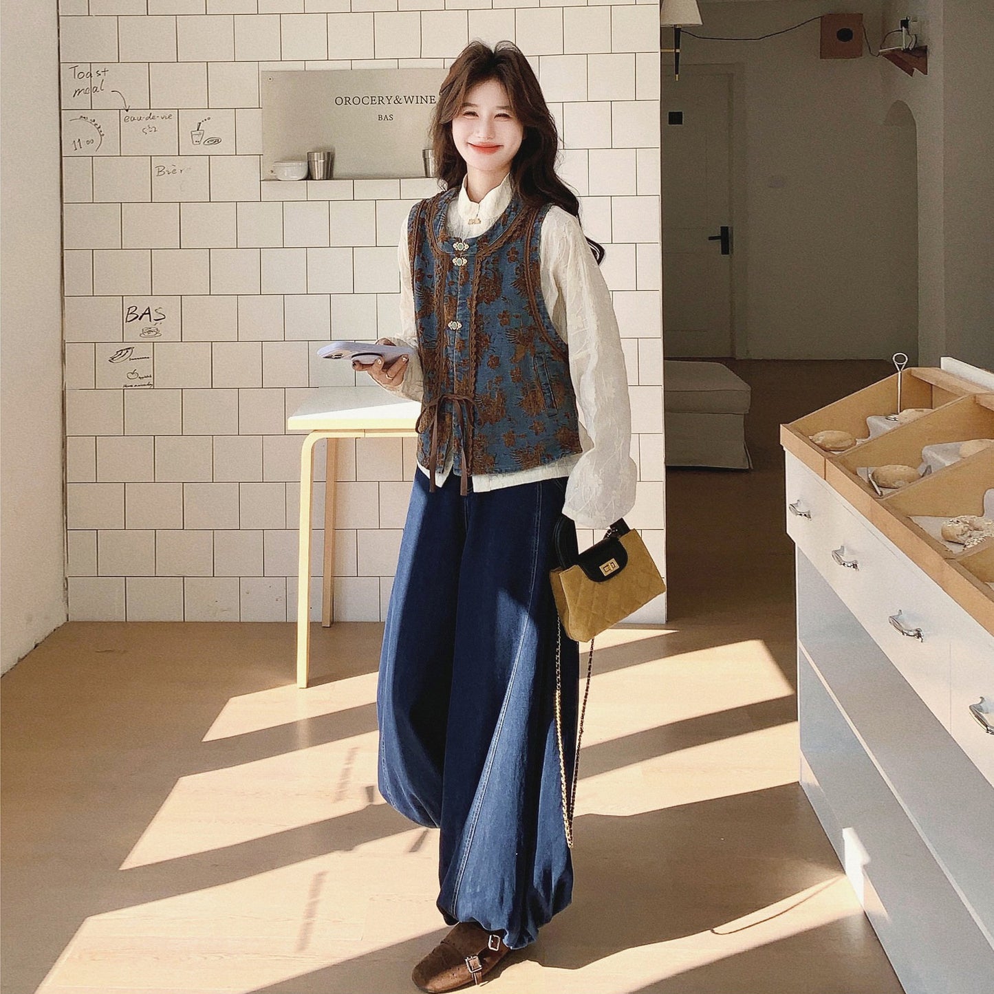 3点セット！【セットアップ】メラードジャカード×配色 ベスト＋中国風シャツ＋ワイドデニムパンツ 上下セット レディース 早春・秋 サン系コーデ【SHシリーズ】