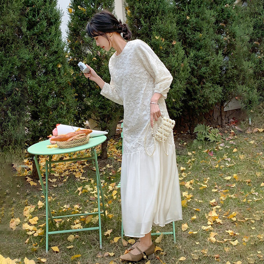 【ワンピース】フレンチ風フェミニンレースワンピース レディース 気品ある軽奢感 花柄長袖ミディドレス【JZシリーズ】