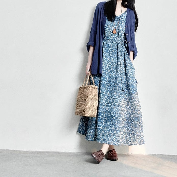 【ワンピース】Vネック レトロ プリント ノースリーブ ワンピース 【SHシリーズ】