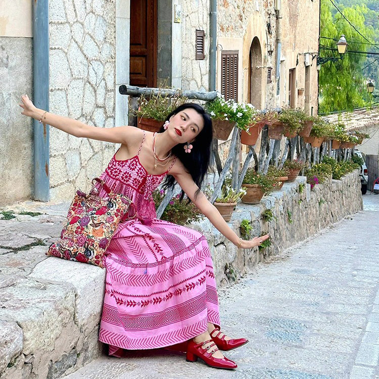 【ワンピース】旅行コーデ レディース 夏 民族風 刺繍入り ビーチ リゾート キャミソール ノースリーブワンピース【SHシリーズ】