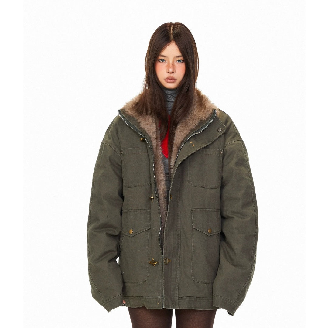 【アウター】フライトバックル 保温性のある ワーク風 ファー襟 綿入れコート 【FCシリーズ】