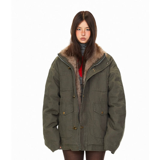 【アウター】フライトバックル 保温性のある ワーク風 ファー襟 綿入れコート 【FCシリーズ】