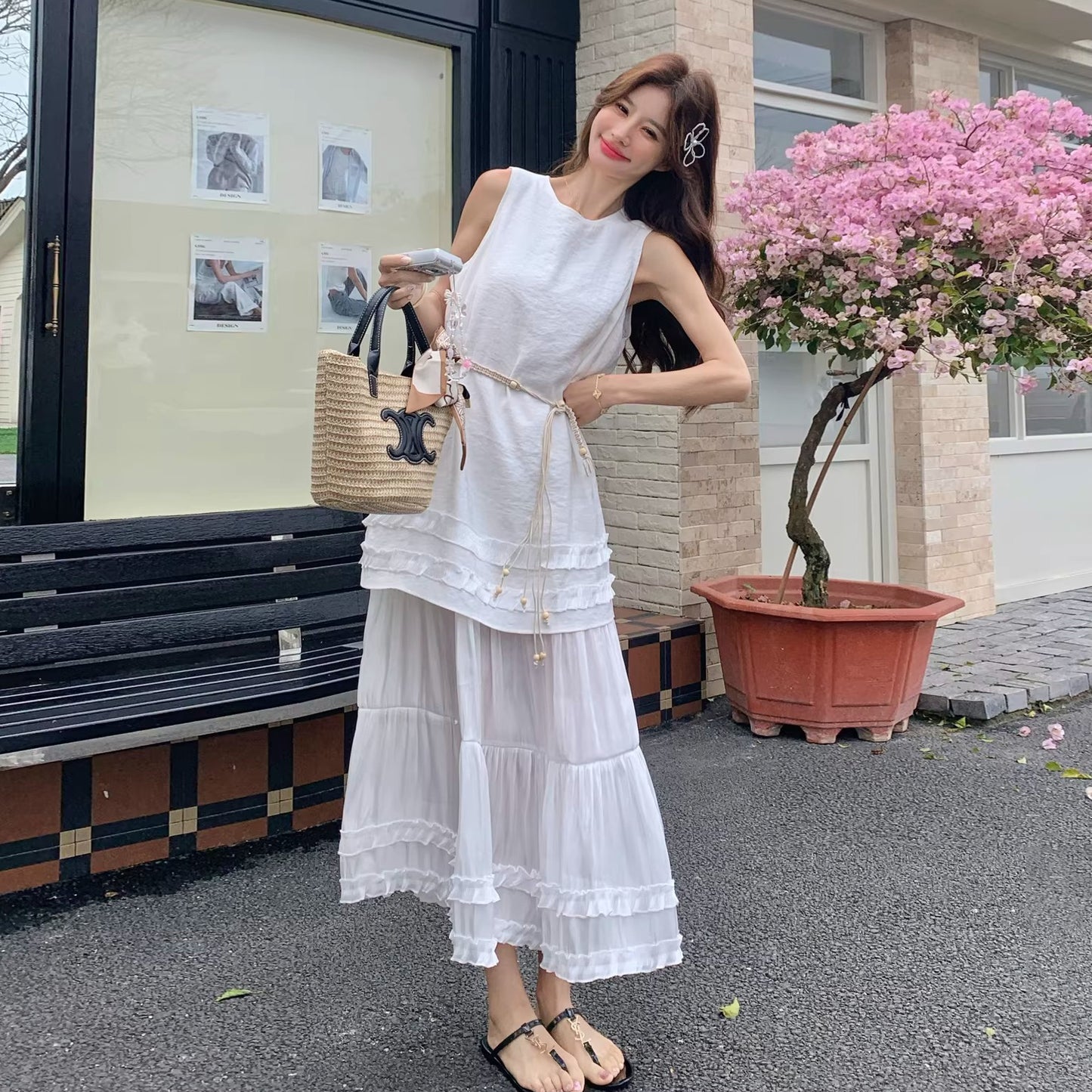 【ワンピース】レース 切替 重ね着風 ワンピース レイヤード ノースリーブ ロング丈 大きいサイズ 着痩せ 体型カバー 上品 きれいめ【JZシリーズ】