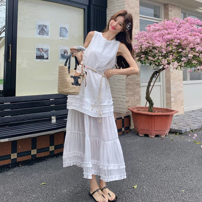 【ワンピース】レース 切替 重ね着風 ワンピース レイヤード ノースリーブ ロング丈 大きいサイズ 着痩せ 体型カバー 上品 きれいめ【JZシリーズ】