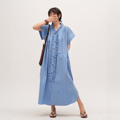 【ワンピース】【15～20日内発送】ノースリーブ  ストライプ フリルカラー リボン付き ウエストマーク ワンピース 【JZシリーズ】