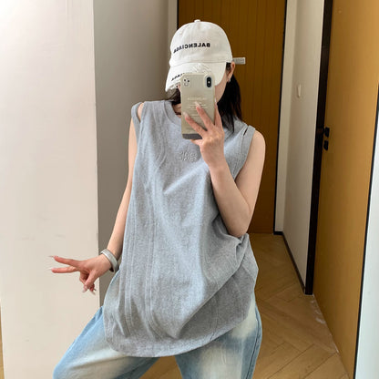 【トップス】高級感 夏新作 個性派デザイン 肩あき刺繍入り タンクトップ Ｔシャツ【FCシリーズ】