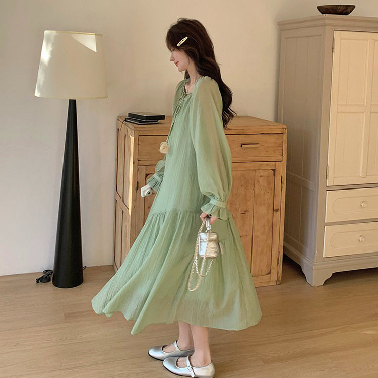 【ワンピース】グリーン フレンチ風ロマンティックワンピース新作 長袖 絶美ロングドレス【JZシリーズ】