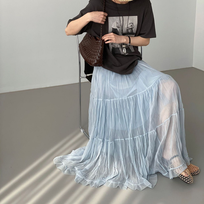 【ボトムス】海島リゾート ロマンティック シアー素材 エアリー ティアードロングスカート レディース 大裾 ボリュームスカート 着回し万能【JZシリーズ】