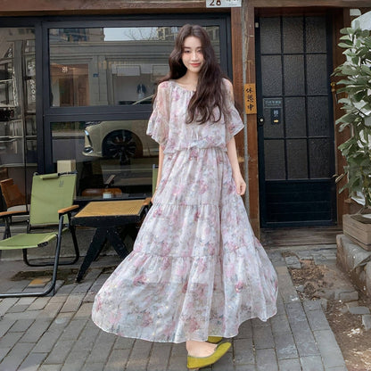 【ワンピース】フレンチ オフショルダー フリルスリーブ 花柄ワンピース 夏 高見え ロングドレス【SHシリーズ】