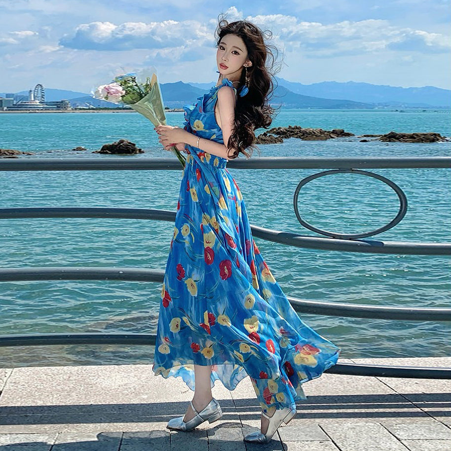 【ワンピース】リゾートワンピース レディース 夏 ブルー花柄 シフォン ノースリーブ Vネック ウエストマーク ロング丈【SHシリーズ】