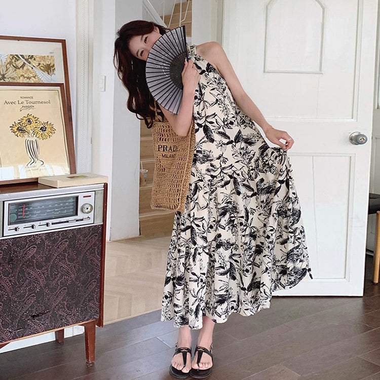 【ワンピース】夏新作 フレンチチャイナ 水墨花柄 ハイネック ノースリーブワンピース【SHシリーズ】