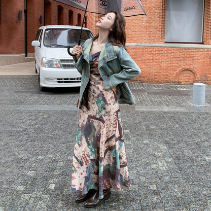 【セットアップ 】レトロデニムジャケット＋花柄キャミワンピースレディース 春秋2025新作 上品ノースリーブワンピース 人気2点セット【SHシリーズ】