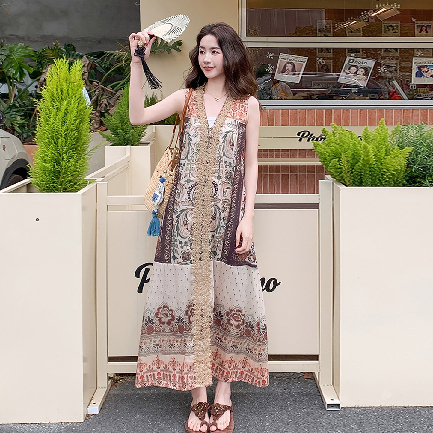 【ワンピース】ボヘミアン風 花柄ワンピース レディース ノースリーブ リゾートスタイル ゆったり ロング丈【SHシリーズ】