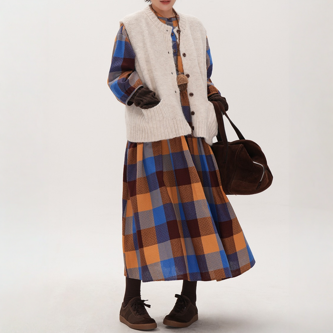 【ワンピース】春 秋 冬 レトロ風 ゆったりチェック柄 ロング ワンピース ワンピース 【JZシリーズ】