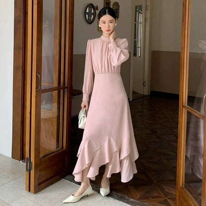 【ワンピース】春 秋 冬 花柄裾デザイン 通勤コーデ 立体裁断切り替え 長袖 ワンピース 【JZシリーズ】