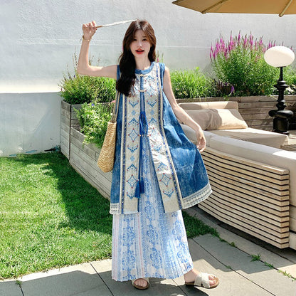 2点セット！【セットアップ】夏 ボヘミアン民族風プリント ベストワンピース＋スカート 2点セット【SHシリーズ】