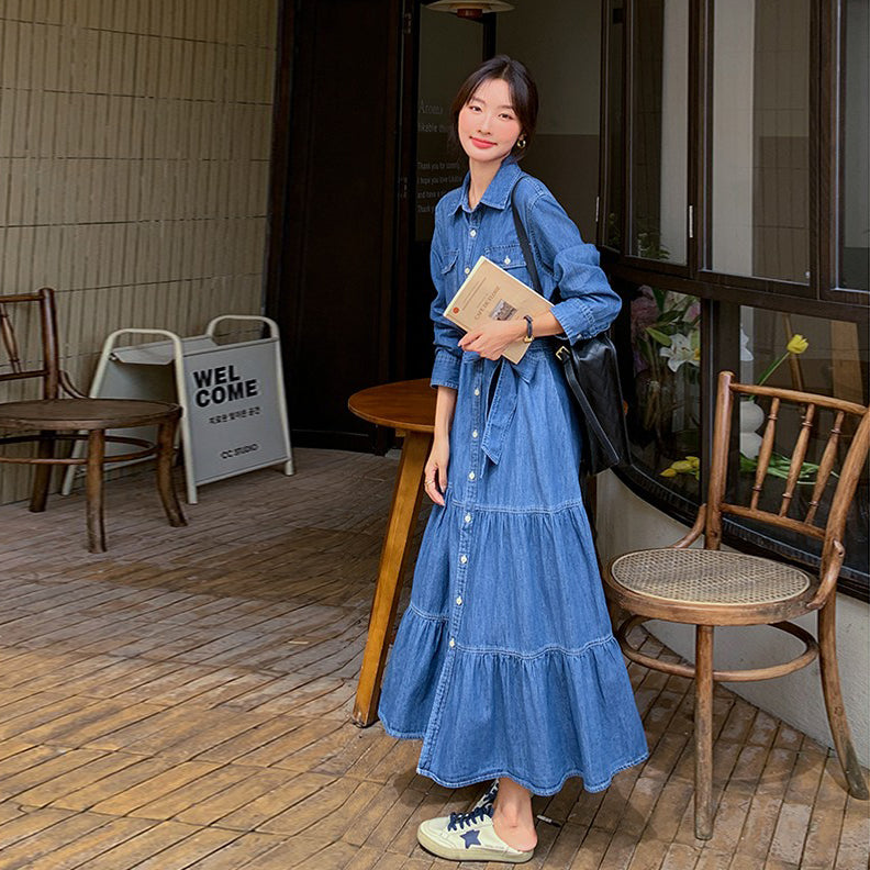 【ワンピース】高級感レトロ  デニム 長袖シャツワンピース 人気 ウエストマーク ロングワンピース【JZシリーズ】