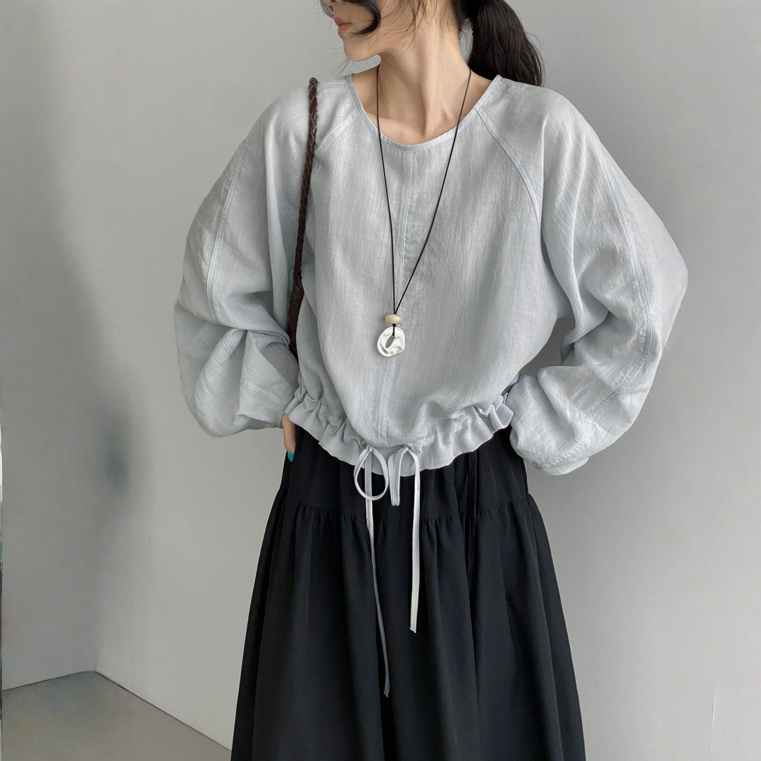 【トップス】リネンライク リラックススタイル バルーンシルエット リボン付き シャツ 【JZシリーズ】