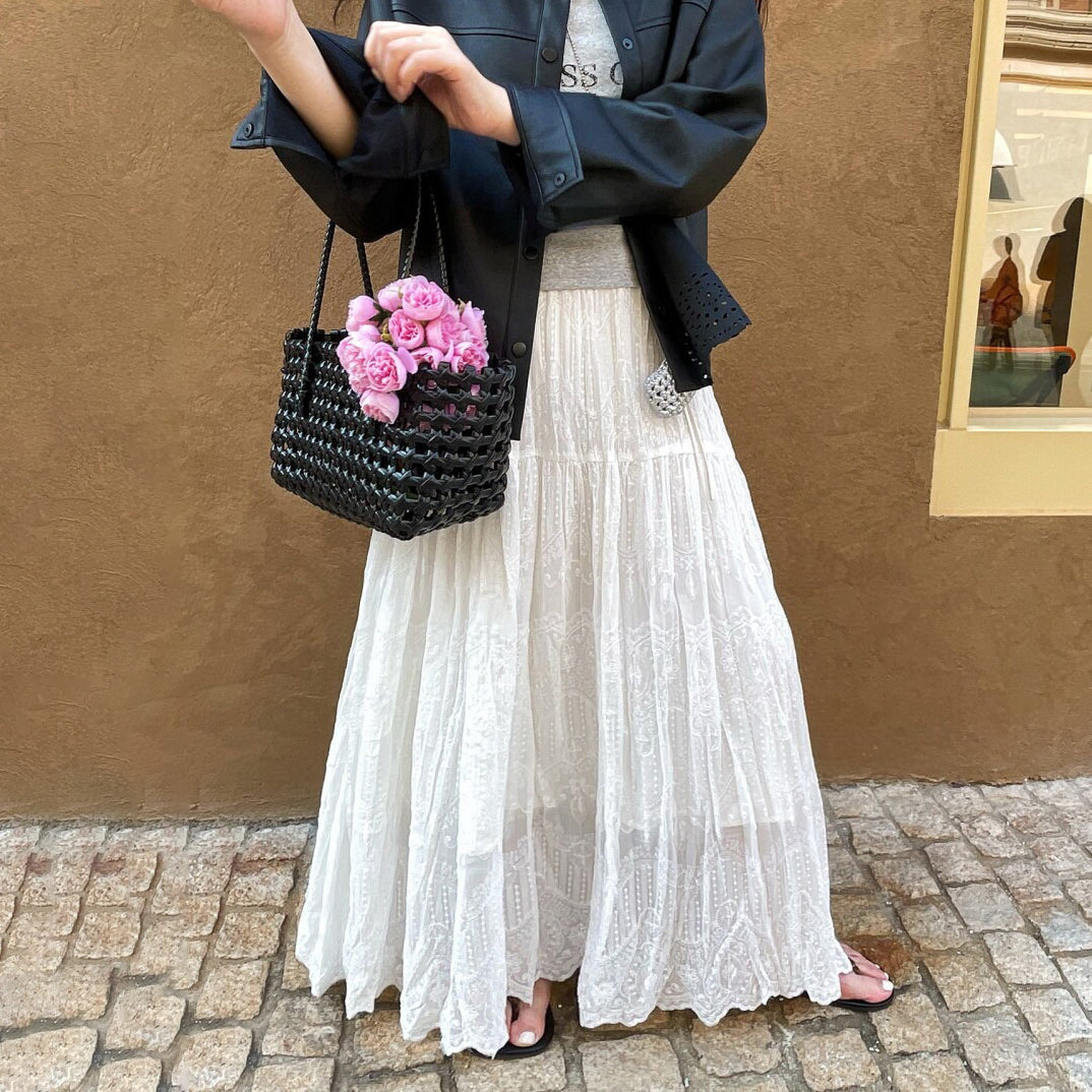 【ボトムス】春夏新作 レディース レースAラインスカート ハイウエスト ミモレ丈 体型カバー 切り替え リゾート風【JZシリーズ】