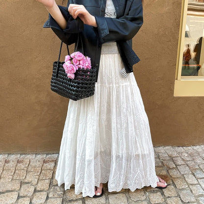 【ボトムス】春夏新作 レディース レースAラインスカート ハイウエスト ミモレ丈 体型カバー 切り替え リゾート風【JZシリーズ】