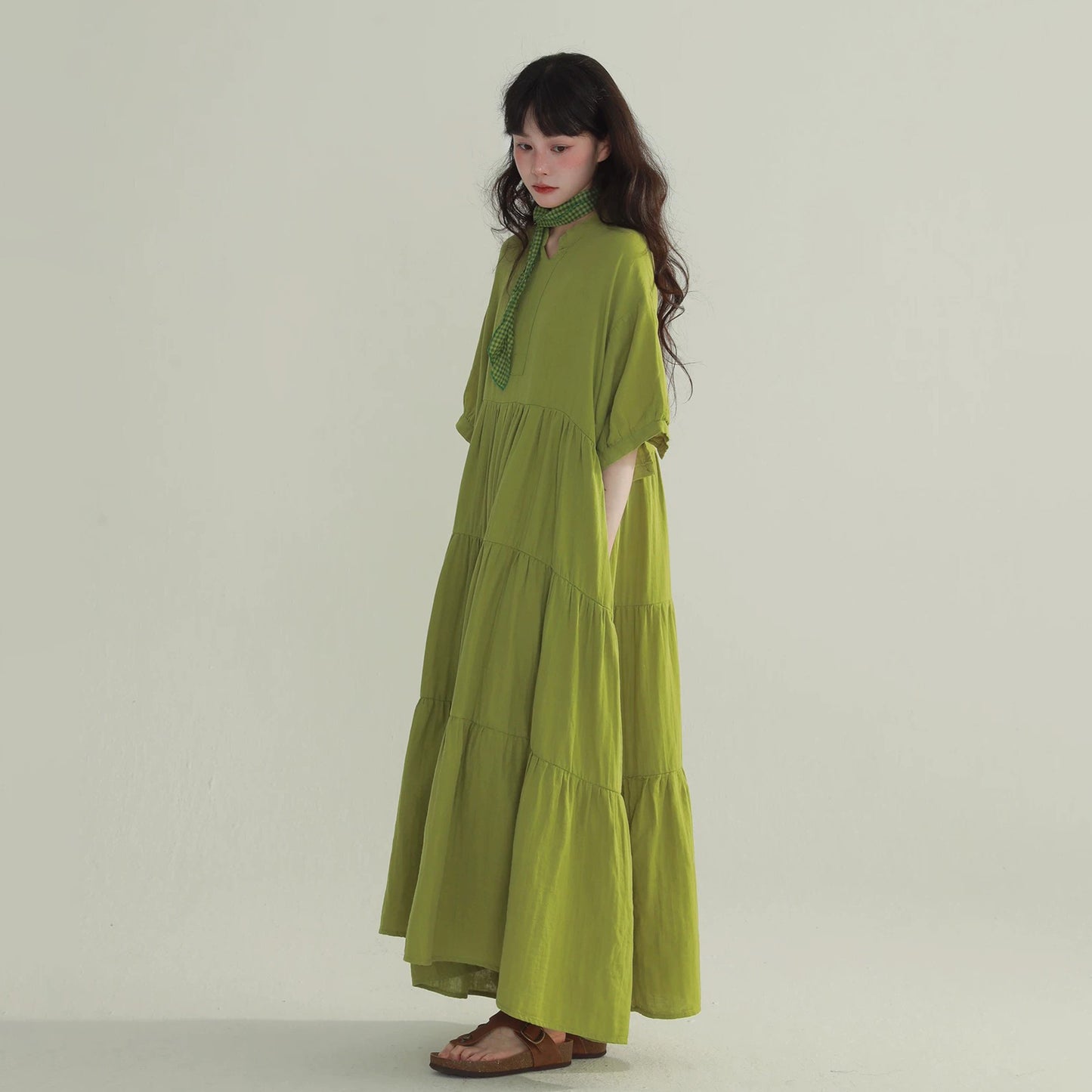 4color【ワンピース】ヴィンテージ風 ティアードワンピース レディース Vネック ロング丈 フェミニン 上品 半袖ワンピース【JZシリーズ】