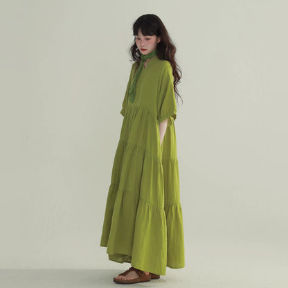 4color【ワンピース】ヴィンテージ風 ティアードワンピース レディース Vネック ロング丈 フェミニン 上品 半袖ワンピース【JZシリーズ】