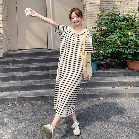 【ワンピース】透かし編みフード付きニットストライプ 半袖ワンピース レディース 夏 学院風 韓国風コーデ 【SHシリーズ】