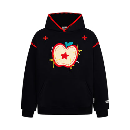 【トップス】ヴィンテージ調 りんごモチーフ刺繍 フードパーカー 秋 男女兼用 ゆったり カジュアル【FCシリーズ】