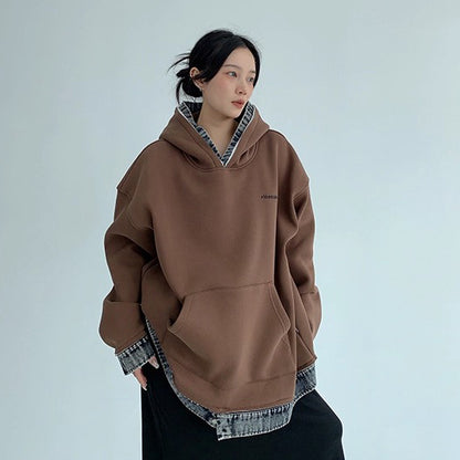 【トップス】春秋冬 配色デニム切り替え 裏起毛 パーカー ゆったり レディース【FCシリーズ】